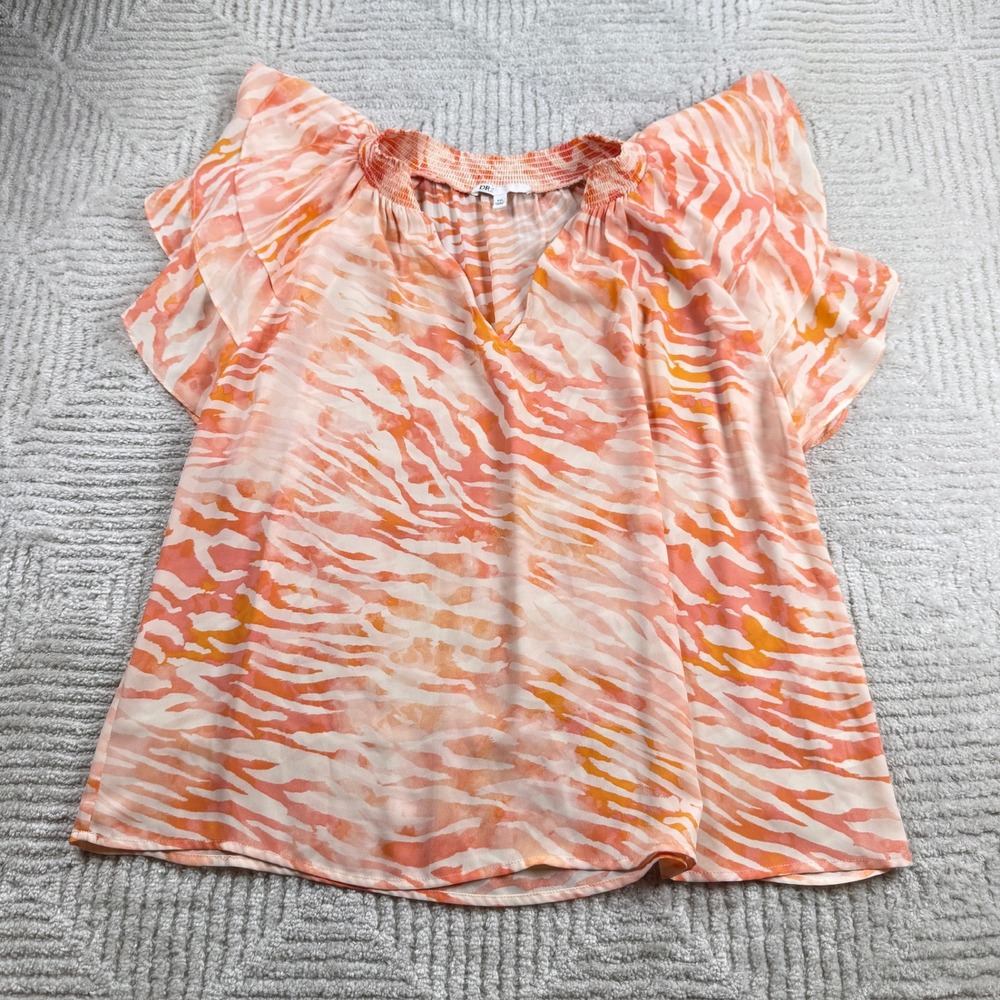 DR2 Blouse Women's XXL Orange Pink Abstract Animal Print Eclectin Safari Flowy